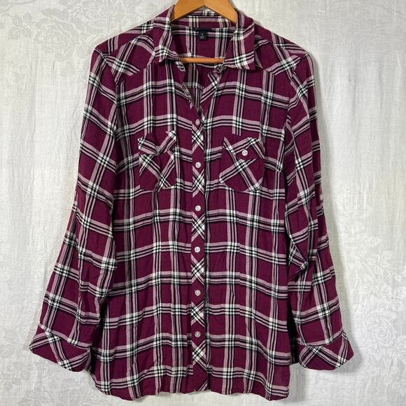 torrid Tops - Torrid Button Up 1 1X Burgundy Plaid Lightweight
